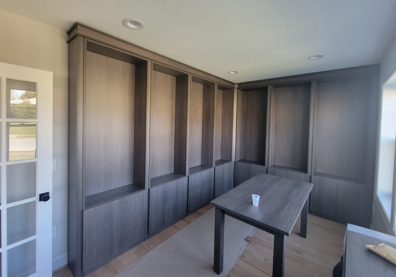 matching table and custom bookshelves